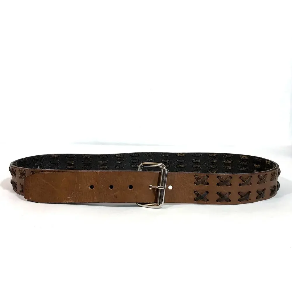 Brown Leather Belt, Criss Cross Weave Retro Silver Hardware Worn Look L XL Mocha